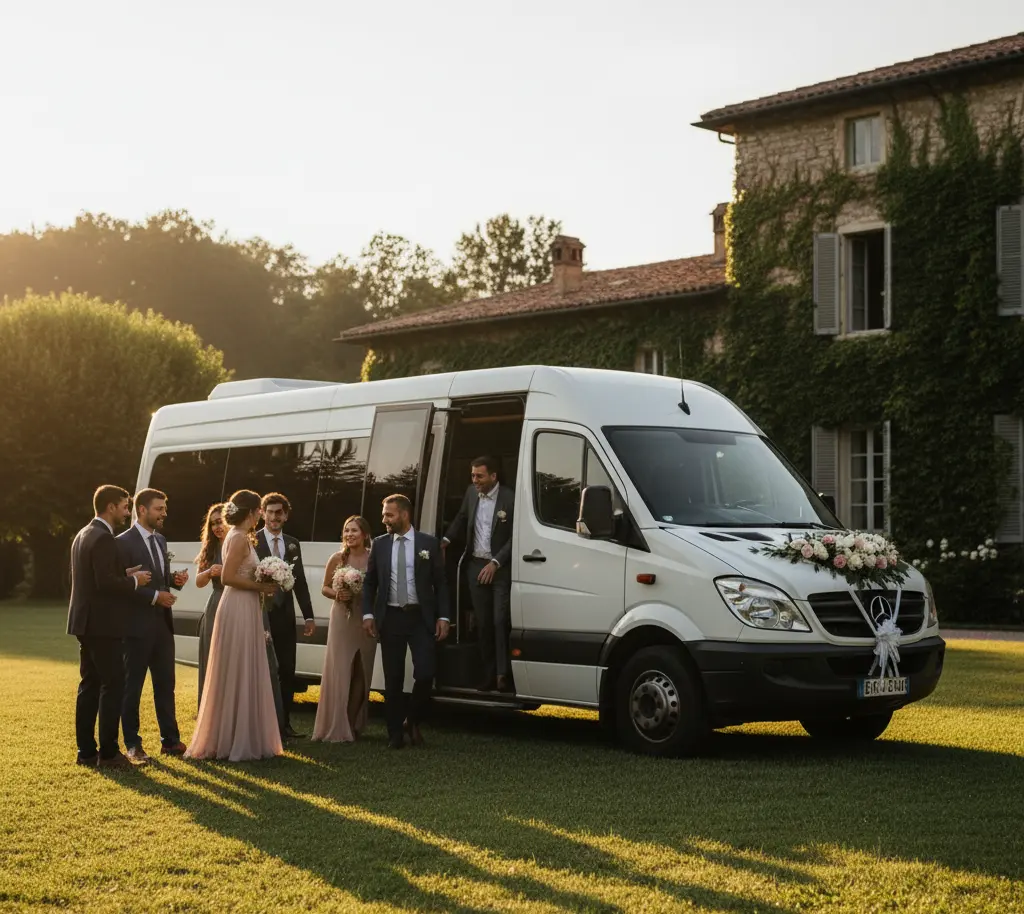 Wedding guests boarding a coach at a European venue